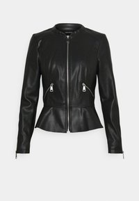 Černá kožená bunda s mírně rozšířeným pasem, žebrovanou texturou na ramenou, stříbrnými zipovými kapsami a kulatým výstřihem.