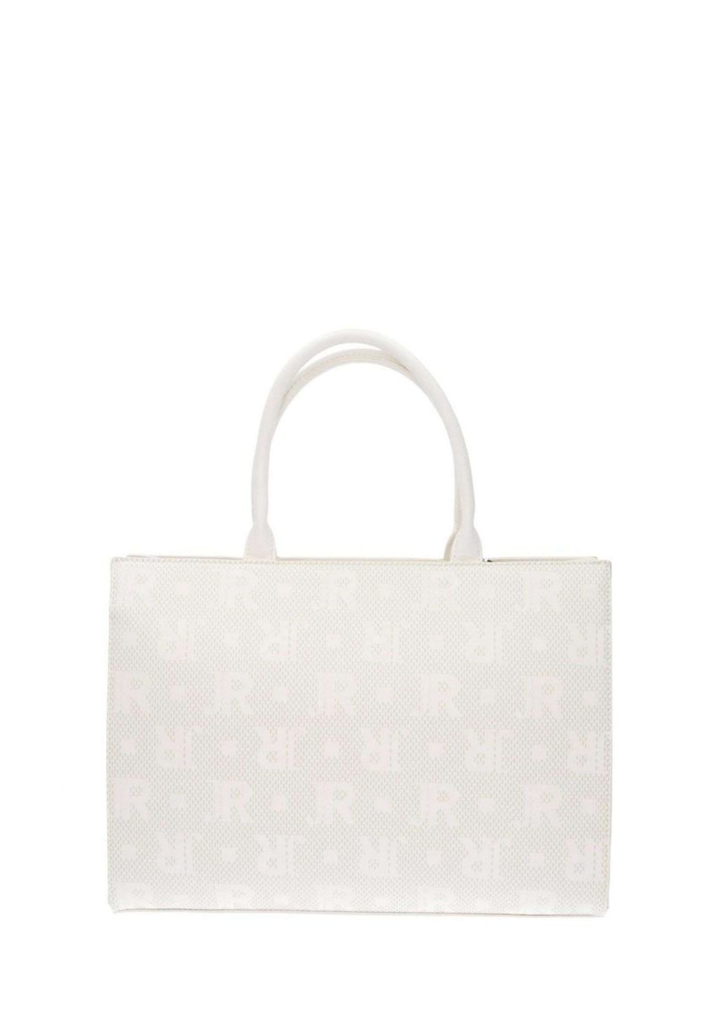 Borsa tote bianca con un motivo testurizzato di lettere e punti interconnessi, dotata di due manici robusti per un facile trasporto.