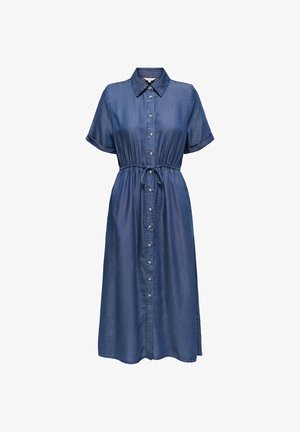 Niebieska sukienka midi z denimu z krótkimi rękawami, zapinana na guziki z przodu, z kołnierzykiem i regulowanym sznurkiem w talii.
