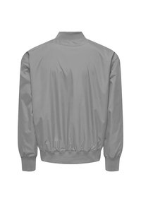 Gray bomber jacket with a ribbed collar and cuffs. Smooth, lightweight fabric with an elastic waistband. No visible closures or embellishments.