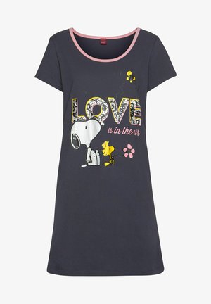 Navy cotton nightdress with short sleeves, round pink neckline; features elephant and butterfly graphics with "LOVE is in the air" text.