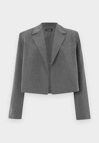 Γκρι cropped σακάκι με υφασμάτινη υφή, γιακάδες με εγκοπές, μακριά μανίκια, ανοιχτό μπροστινό μέρος και μια μόνο τσέπη στο στήθος. Απλός σχεδιασμός χωρίς κούμπωμα.