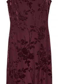 Burgundy-mekko, jossa on kukkakoristeinen sametti, pehmeä materiaali ja hihaton muotoilu. Mekossa on virtaava siluetti ja monimutkaisia yksityiskohtia.