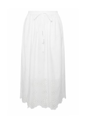 Jupe midi blanche avec taille élastique, cordon de serrage, et broderie florale œillet le long de l'ourlet et dispersée partout.