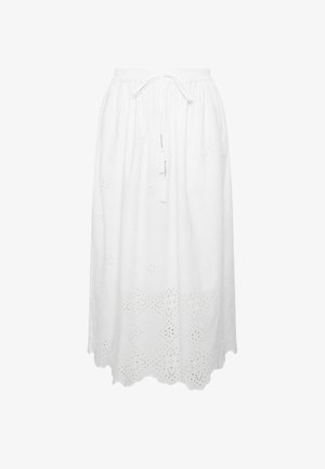 Valkoinen midihame, jossa on joustava vyötärönauha, kiristysnauha ja silmäreikäisillä kukkaompeleilla koristeltu helma sekä hajanaisesti somistettu kangas.