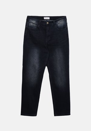 Dunkelblaue Jeans mit geradem Bein, Frontknopf- und Reißverschluss sowie Fünf-Taschen-Design, flach auf einem weißen Hintergrund liegend.