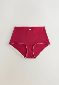 Sous-vêtements pour femmes taille haute de couleur bordeaux avec bordure blanche et un petit cœur blanc centré à la ceinture.