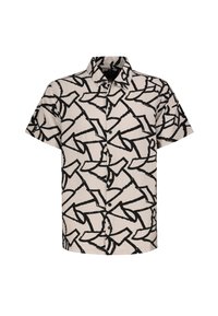 Kurzärmeliges Hemd in Creme mit einem schwarzen abstrakten Muster, mit Kragen und vorderem Knopfverschluss. Baumwollmischgewebe.