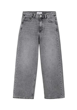 Jeans de pierna ancha en color gris, confeccionados en denim, con cintura alta, bolsillos frontales y sutiles acentos de tachuelas en toda la tela.