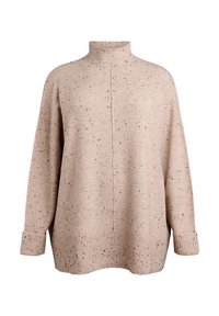 Beiger Pullover aus strukturiertem Stoff, mit hohem Kragen, überschnittenen Schultern und lockerer Passform. Gesprenkeltes Muster und gerippte Bündchen.