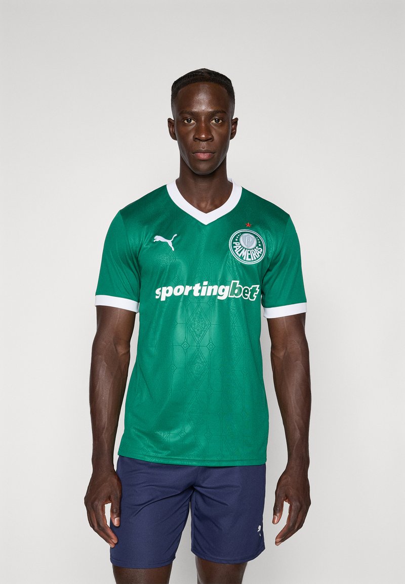 Mand iført grøn Palmeiras fodboldtrøje med hvid krave og logo, marineblå shorts, stående mod en ensfarvet hvid baggrund.
