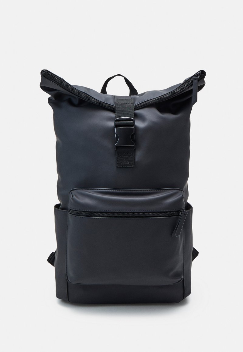 Black roll-top backpack made of smooth, durable material. Features a front zip pocket and adjustable straps for easy carrying.