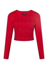 Rød ribbet crop sweater med lange ærmer, prydet med sølvfarvede nitter jævnt fordelt over fronten. Har et rundhalset design.