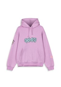 Sudadera morada de algodón con un gran gráfico de "GRIMEY" en la parte frontal, bolsillo canguro y un pequeño logotipo en la manga.