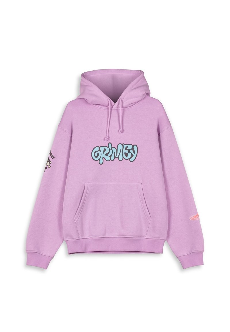 Sudadera morada de algodón con un gran gráfico de "GRIMEY" en la parte frontal, bolsillo canguro y un pequeño logotipo en la manga.
