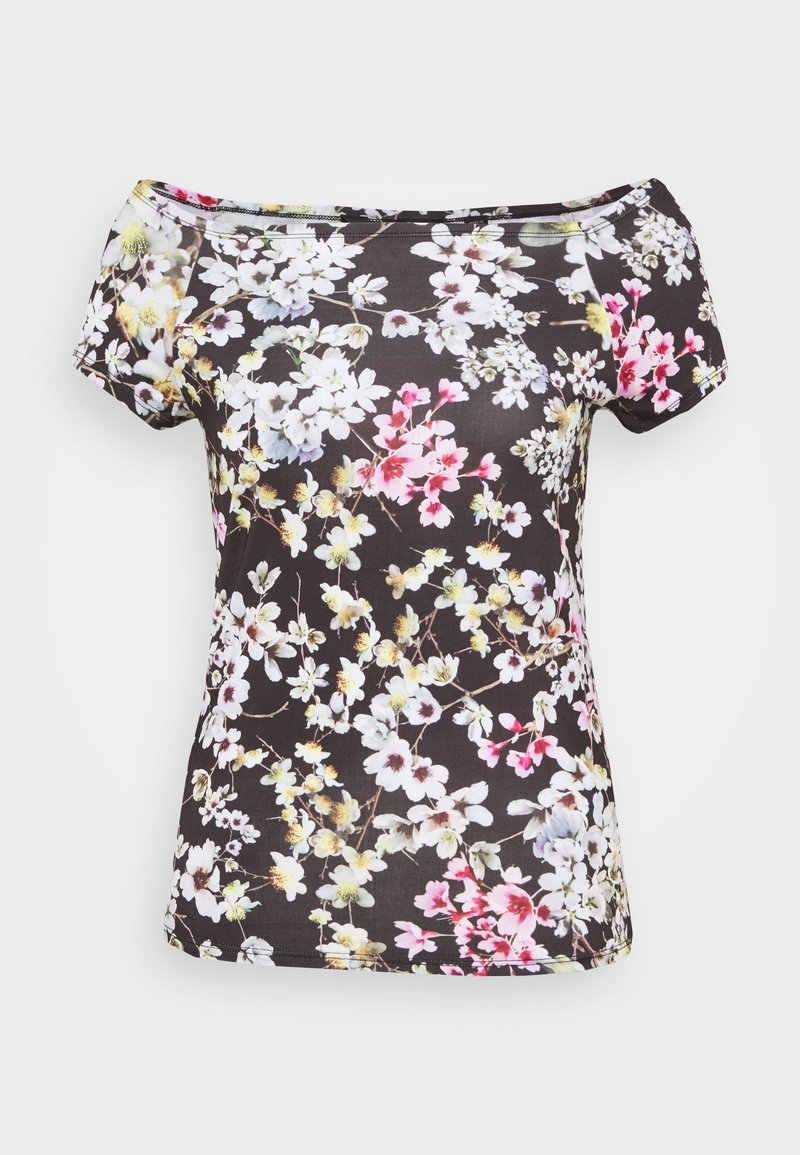 Haut noir à manches courtes et épaules dénudées avec motif floral blanc, rose et jaune.