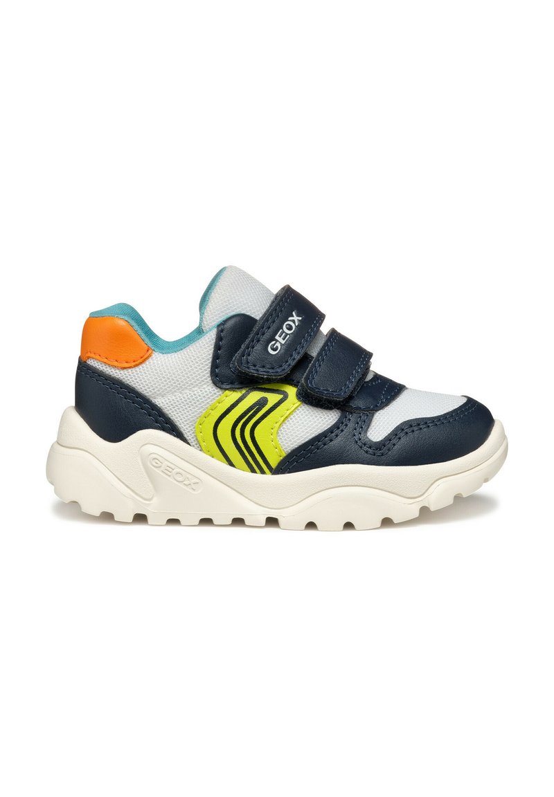 Baskets bleues et grises avec des accents orange et jaune. Présentent une tige en maille, deux bandes Velcro et une semelle blanche texturée et épaisse.
