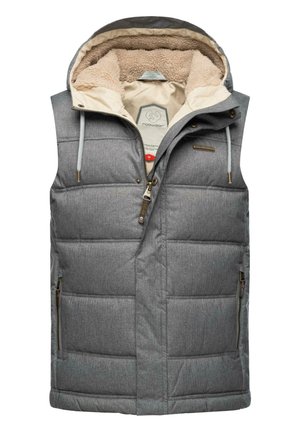 Grijze gewatteerde mouwloze hoodie met beige fleece voering, voorritssluiting, trekkoorden en ritszakken aan de zijkant.