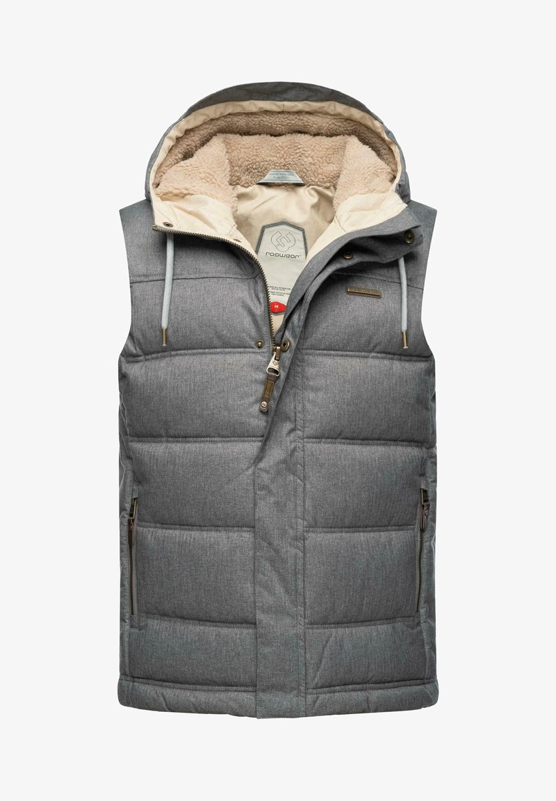 Grey padded sleeveless hooded vest with beige fleece lining, front zipper, drawstrings, and zippered side pockets.