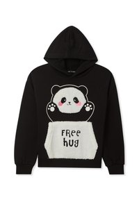 Czarna bluza z kapturem z motywem pandy, z miękką białą kieszenią z polaru z napisem "DARMOWY uśmiech". Z kapturem, luźny krój, ściągacze na rękawach.