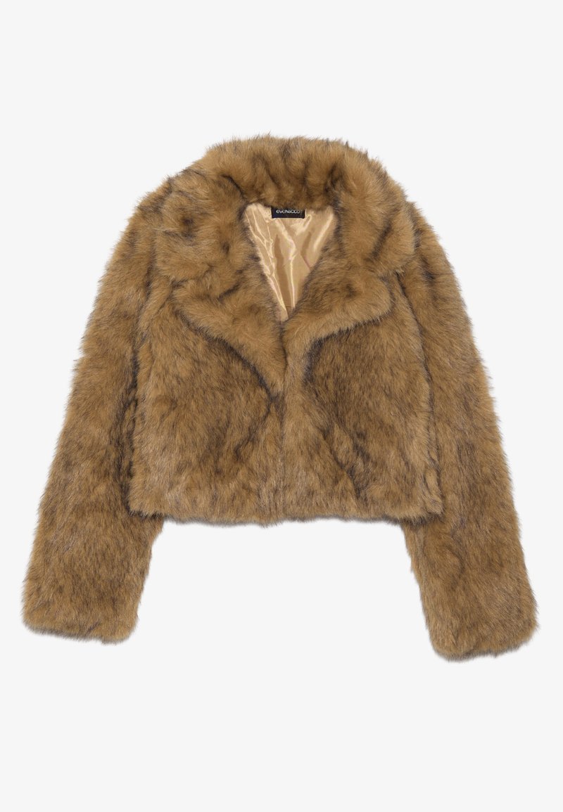 Giacca corta in finta pelliccia marrone con maniche lunghe e colletto ampio. L'interno è foderato con un tessuto liscio di colore chiaro.