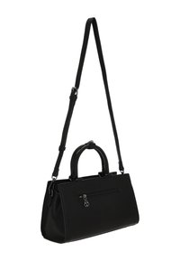 Musta nahkainen käsilaukku, jossa on jämäkkä muotoilu, kaksi kahvaa, irrotettava olkahihna ja etutasku vetoketjulla. Pinta on teksturoitu.