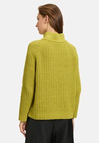 Strickpullover, limettengrün, lockere Passform mit Funnel-Neck, gerippte Textur, überschnittene Schultern und lange Ärmel. Rückansicht gezeigt.
