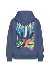 Donkerblauwe hoodie met een kleurrijke bloemenafbeelding op de achterkant. Voorzien van een capuchon met trekkoord en ribgebreide manchetten en zoom.