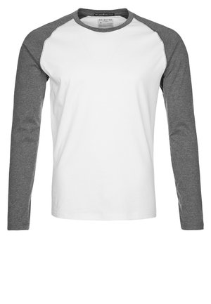 Koszulka z długim rękawem typu crewneck o białym korpusie i ciemnoszarych raglanowych rękawach, przedstawiona na płasko bez widocznego tła.