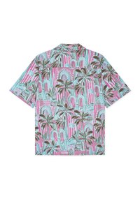 Chemise à manches courtes boutonnée avec motif tropical de palmiers et d'arcades rose, bleu et marron.