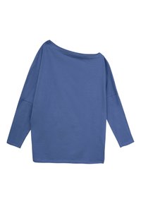 Niebieska bluzka z długim rękawem o fasonie odkrytych ramion. Wykonana z miękkiego materiału, charakteryzująca się luźnym krojem i minimalną ilością szwów. Gładka faktura.