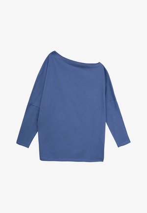 Niebieska bluzka z długim rękawem o fasonie odkrytych ramion. Wykonana z miękkiego materiału, charakteryzująca się luźnym krojem i minimalną ilością szwów. Gładka faktura.