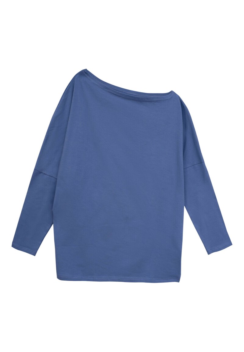 Niebieska bluzka z długim rękawem o fasonie odkrytych ramion. Wykonana z miękkiego materiału, charakteryzująca się luźnym krojem i minimalną ilością szwów. Gładka faktura.