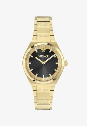 Aranyszínű Versace karóra fekete számlappal, arany órárajzoló jelzésekkel, 12 óránál Medúza emblémával és mintás karkötőszemekkel.