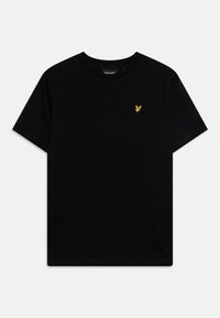 T-shirt en coton noir avec un col rond et des manches courtes. Écusson emblématique jaune notable sur la zone gauche de la poitrine.