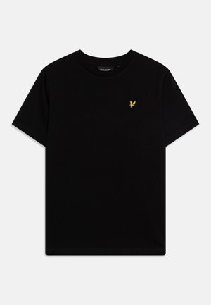 T-shirt nera in cotone con scollatura rotonda e maniche corte. Emblema giallo notevole sulla parte sinistra del petto.