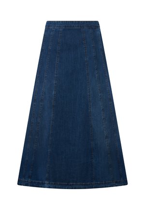 Jupe trapèze en denim bleu foncé avec des détails de coutures verticales et une taille ajustée.