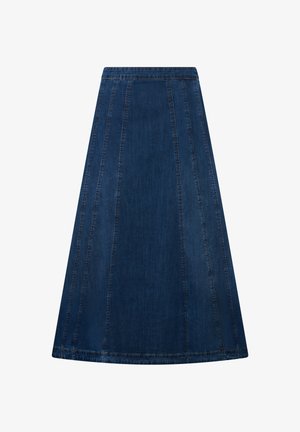 Jupe trapèze en denim bleu foncé avec des détails de coutures verticales et une taille ajustée.