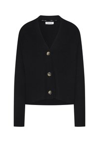 Schwarze gerippte Strickjacke mit V-Ausschnitt, ausgestattet mit vier runden Knöpfen, langen Ärmeln und einer verkürzten Silhouette.
