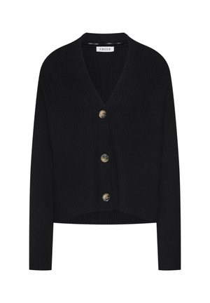Zwarte geribbelde cardigan met een V-halsdesign, voorzien van vier ronde knopen, lange mouwen en een cropped silhouet.