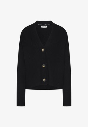Zwarte geribbelde cardigan met een V-halsdesign, voorzien van vier ronde knopen, lange mouwen en een cropped silhouet.