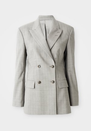 Double-breasted blazer in light gray fabric with subtle stripes, notched lapels, two front pockets, and silver buttons.