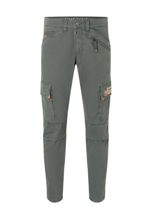 Cargo pants in olive green cotton blend, featuring multiple pockets, zip details, and a tapered fit. Stitched branding on the side pocket.