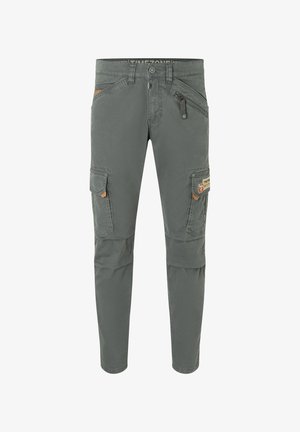 Cargo pants in olive green cotton blend, featuring multiple pockets, zip details, and a tapered fit. Stitched branding on the side pocket.