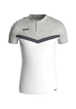 Korte mouwen sportshirt in wit en lichtgrijs met een geometrisch patroon, geknoopte kraag en een marineblauwe accentstreep. Logo op de borst.