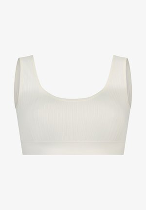 Witte geribde bralette met brede banden en een naadloos ontwerp. Heeft een zachte textuur en een elastische band aan de onderkant voor ondersteuning.