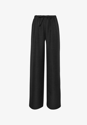 Schwarze Hosen mit weitem Bein, elastischem Bund und dekorativem Kordelzug an der Vorderseite, gefertigt aus weichem, leichtem Stoff.