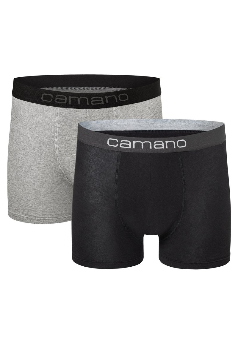 Due paia di boxer da uomo: uno grigio con una cintura nera e uno nero con una cintura grigia, entrambi con dettagli del logo.