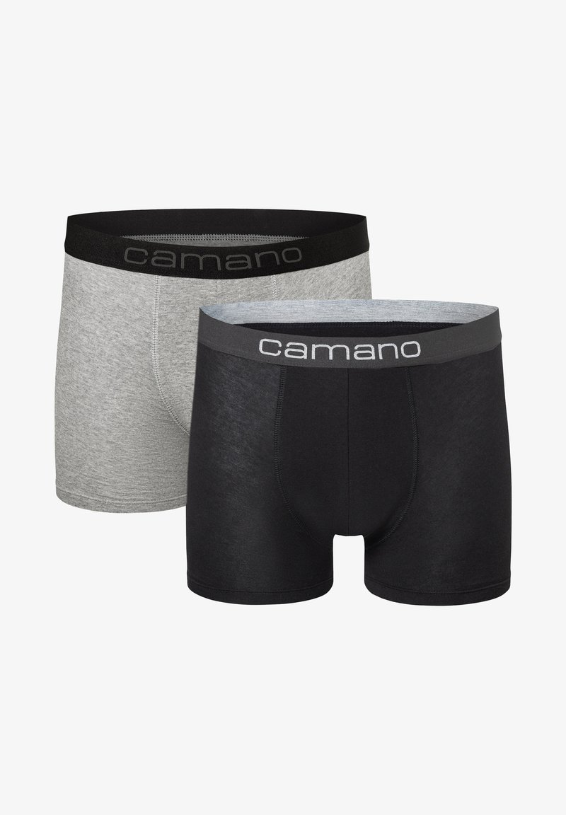 Twee paren heren boxershorts: één grijs met een zwarte tailleband, en één zwart met een grijze tailleband, beide met logo-accenten.