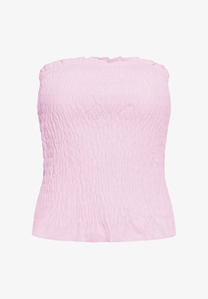 Haut bustier rose clair avec tissu froncé et ourlet légèrement évasé, conçu pour un ajustement près du corps et extensible.